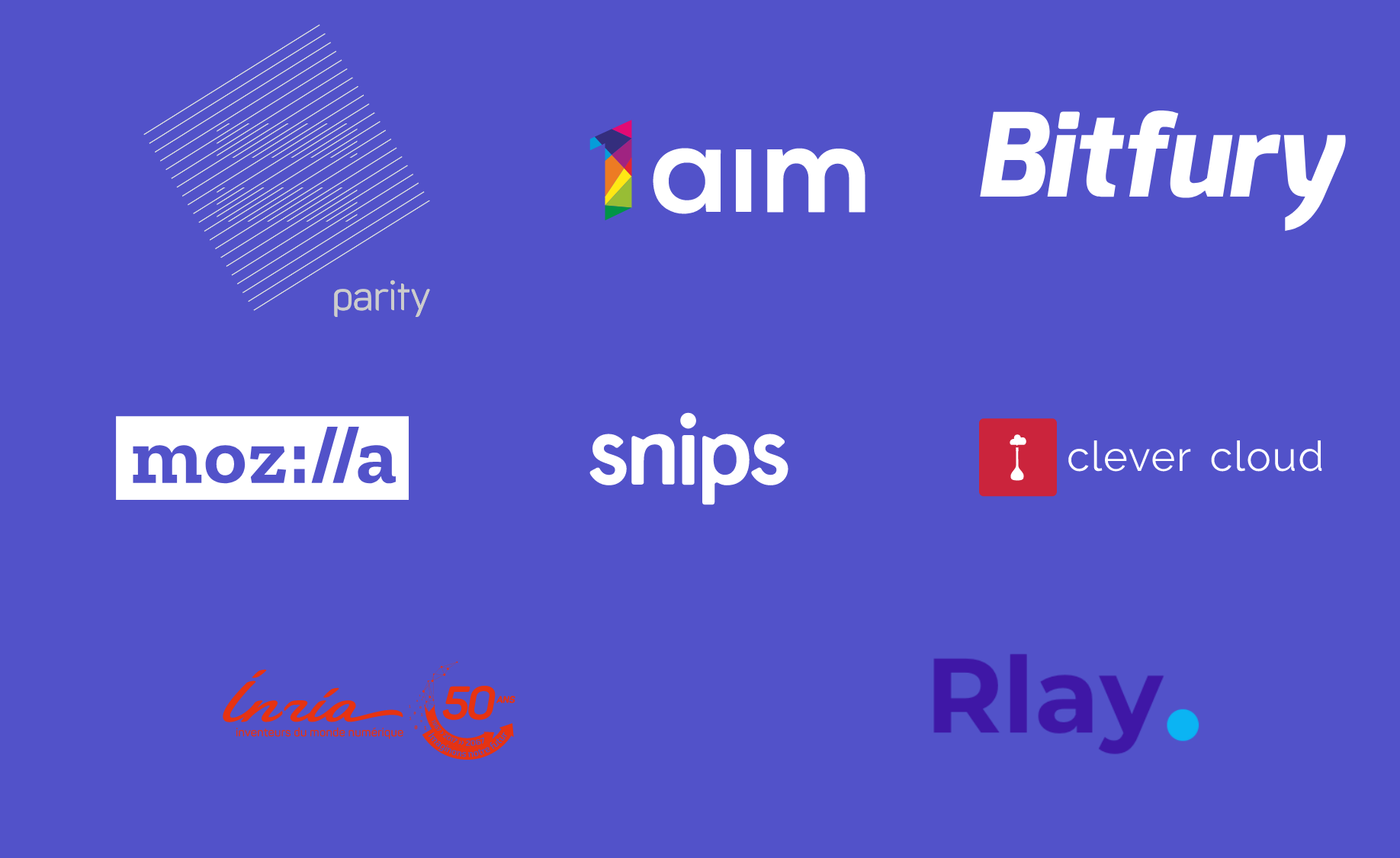 Our Platinum, Gold and Silver Sponsors: Parity, 1AIM, BitFury, Mozilla, Snips, Clever Cloud, Inria, and Rlay